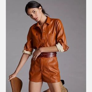 Anthropologie Caramel Faux Leather Jacket and Short Set